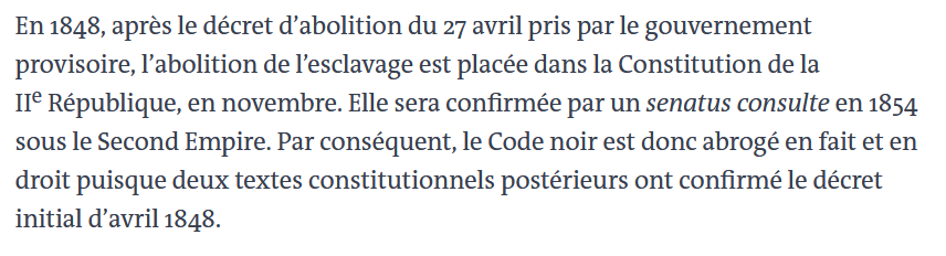 Interrogé par <a href="/lemondefr/">Le Monde</a>, l'historien du droit Jean-François Niort, spécialiste du Code Noir, estime que ce dernier a déjà fait l'objet d'une abrogation tacite en 1848. 4/7
lemonde.fr/politique/arti…