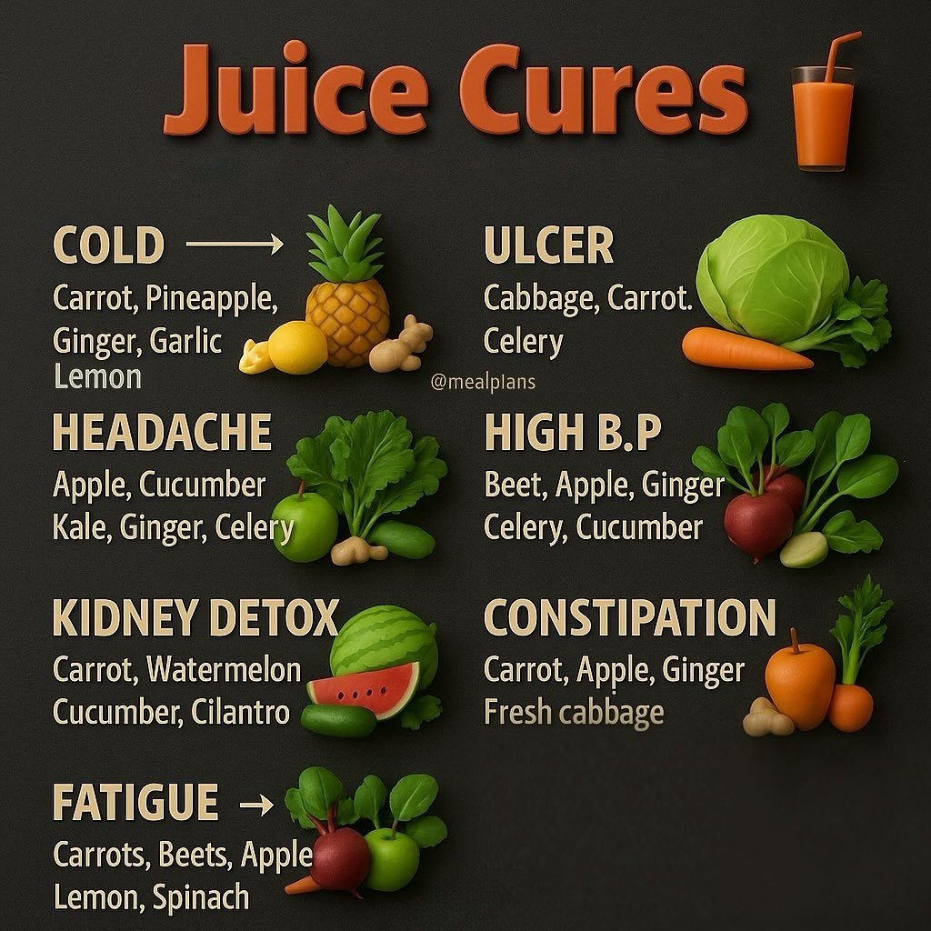 💥 Juice with a Purpose! 💥

These natural blends aren’t magic cures, but they do pack a punch! 

From boosting immunity to easing constipation and lowering blood pressure—nature’s got your back (in a glass 🍹). Keep it real, keep it healthy. 🌿