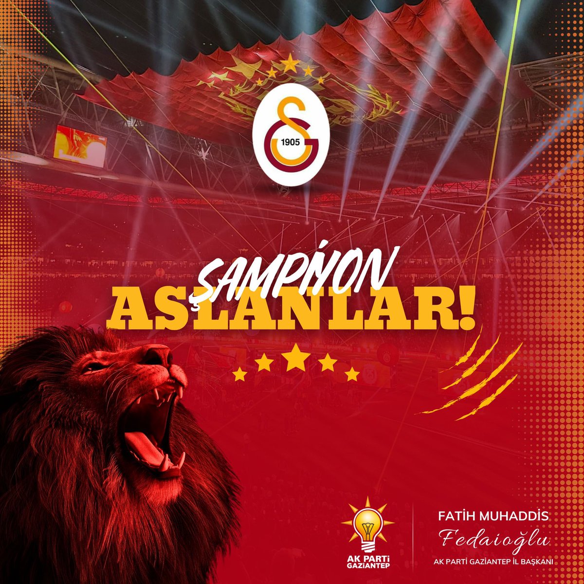 Fatih Muhaddis FEDAİOĞLU (@fmfedaioglu) on Twitter photo 2024-2025 sezonunu iki kupa ile kapatarak 5.yıldızı takan Galatasaray futbol takımı oyuncularını ,
teknik heyetini ve tüm <a href="/GalatasaraySK/">#5YıldızlıŞampiyon ⭐️⭐️⭐️⭐️⭐️</a> camiasını tebrik ediyorum.
#SampiyonGalatasaray 2024-2025 sezonunu iki kupa ile kapatarak 5.yıldızı takan Galatasaray futbol takımı oyuncularını ,
teknik heyetini ve tüm <a href="/GalatasaraySK/">#5YıldızlıŞampiyon ⭐️⭐️⭐️⭐️⭐️</a> camiasını tebrik ediyorum.
#SampiyonGalatasaray