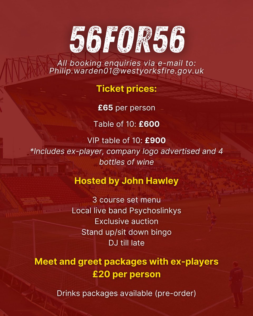 Off the back of the success of yesterday special day against the legends, we have 1 event left to get us to that magical target of £56,000. Once all paid in we will be around £46,000 so need one last push. To get involved, DM me about tickets &amp; also share! Thank everyone #56for56