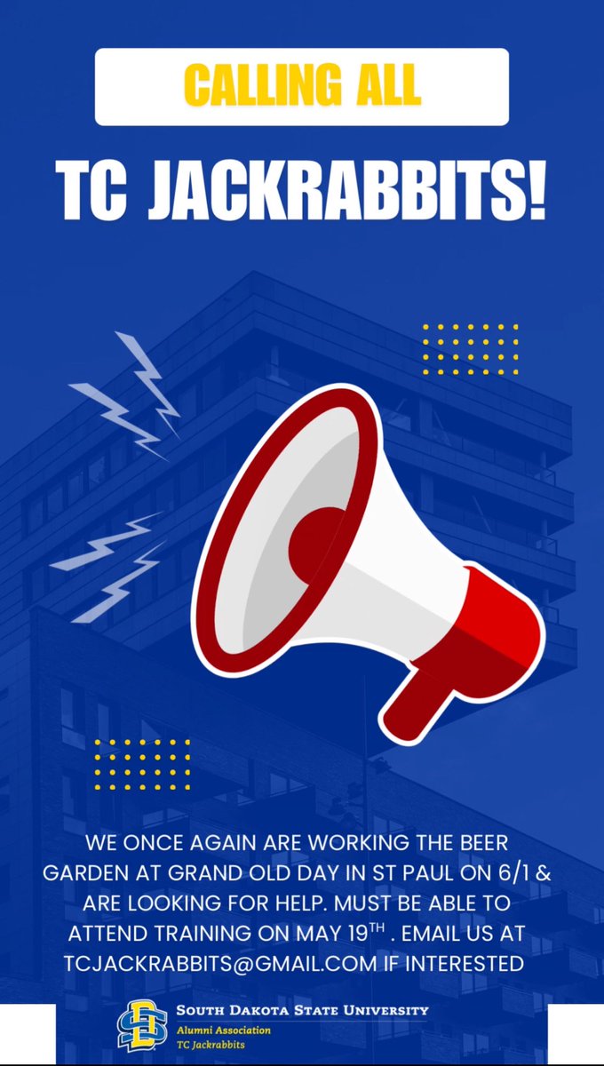 Twin Cities SDSU Alumni (@tcjackrabbits) on Twitter photo We still need 2-4 more volunteers. There is an extra training day now on May 21st and some online options. Email us at tcjackrabbits@gmail.com We still need 2-4 more volunteers. There is an extra training day now on May 21st and some online options. Email us at tcjackrabbits@gmail.com