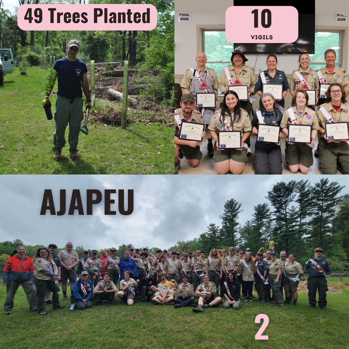 ajapeu2's tweet photo. Ajapeu held its annual May Service &amp; Vigil Weekend helping around OSR &amp; honored 10 new Vigil Honorees!. On Friday, Brothers took part in Around the World themed activities. On Saturday, they helped repair tents, construct the Ajapeu Fire Circle, and plant trees around Dan Beard. https://t.co/322ZrYszop