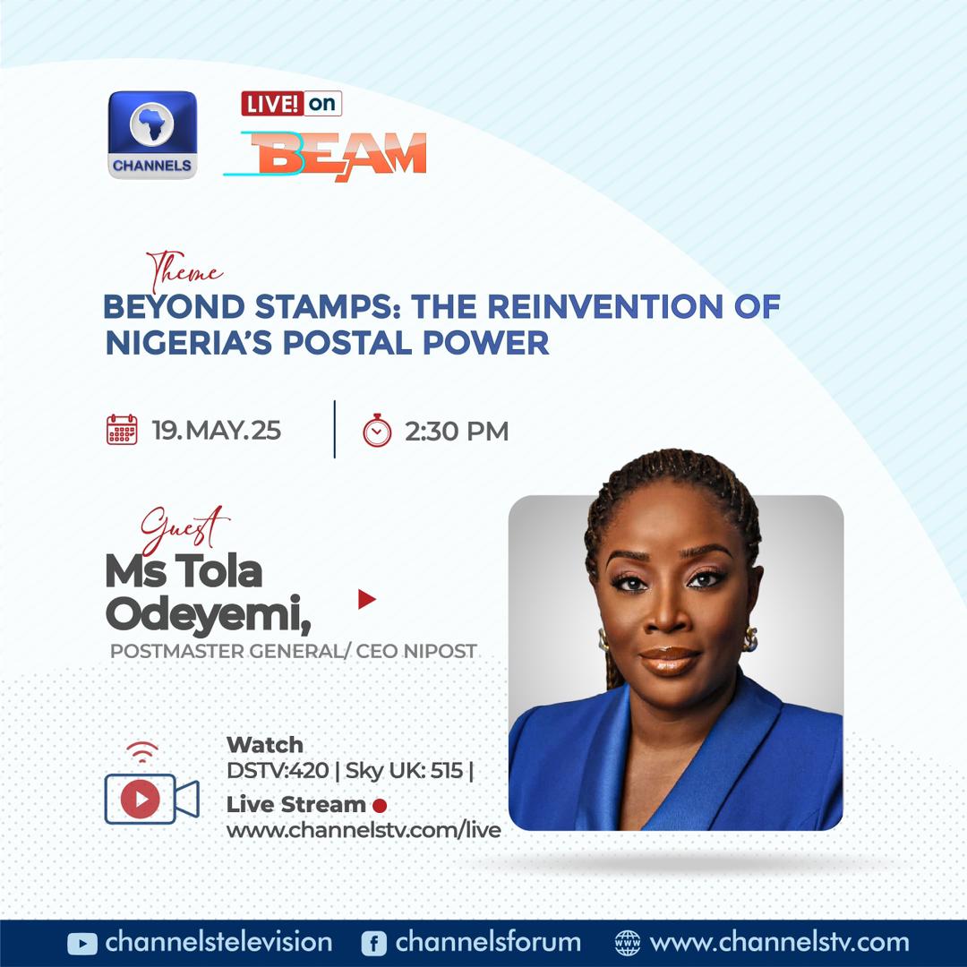 Tola Odeyemi (@tola_odeyemi) on Twitter photo Iâll be live today at 2:30 PM on <a href="/channelstv/">Channels Television</a> programme #TheBeam to discuss:
âBeyond Stamps: The Reinvention of Nigeriaâs Postal Power.â
This conversation will explore how <a href="/NipostNgn/">Nigerian Postal Service</a> is evolving into a modern, technology-driven institution, powering logistics, financial Iâll be live today at 2:30 PM on <a href="/channelstv/">Channels Television</a> programme #TheBeam to discuss:
âBeyond Stamps: The Reinvention of Nigeriaâs Postal Power.â
This conversation will explore how <a href="/NipostNgn/">Nigerian Postal Service</a> is evolving into a modern, technology-driven institution, powering logistics, financial