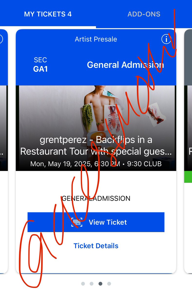 acesmother's tweet photo. selling 3 ga tickets to grentperez tomorrow may 19th in dc at the 9:30 club! had an emergency come up so we cannot go anymore so pls dm me if you’re interested!! trying to sell for face value but willing to negotiate! #wts #grentperez #rocco #backflipsinarestaurant https://t.co/mCaFYERgu9
