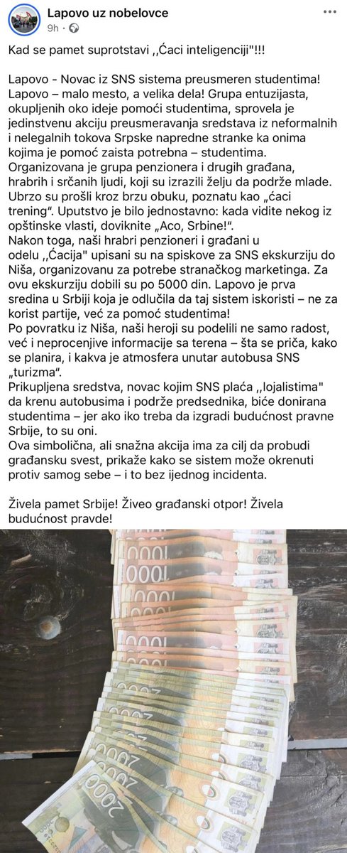 Neformalna grupa studenata Niša (@ngs_nis) on Twitter photo Što bi kolege sa <a href="/BlokadaFon/">Blokada Fon</a> rekle: “Pametniji ne popušta, pametniji se organizuje!”
Lapovo nam to i pokazuje! Pročitajte kako su građani ovog mesta prošli “Ćaci trening”, došli na ekskurziju u naš grad, uzeli novac i donirali ga studentima! 😊
Hvala, Lapovo! ❤️ Što bi kolege sa <a href="/BlokadaFon/">Blokada Fon</a> rekle: “Pametniji ne popušta, pametniji se organizuje!”
Lapovo nam to i pokazuje! Pročitajte kako su građani ovog mesta prošli “Ćaci trening”, došli na ekskurziju u naš grad, uzeli novac i donirali ga studentima! 😊
Hvala, Lapovo! ❤️