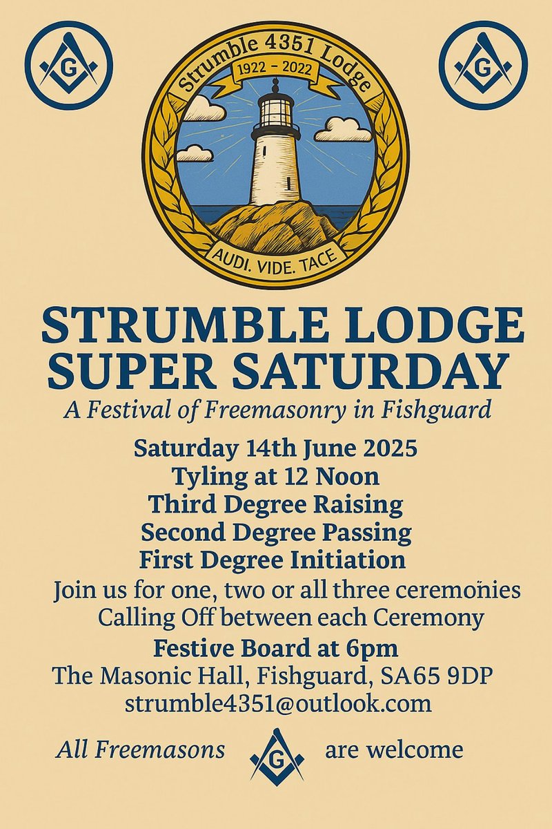 #strumblesupersaturday 
SATURDAY 14th June. Tyling 12 Noon.
Raising, Passing &amp; Initiation. FB 5.30-6pm. Calling Off between each ceremony! A day to enjoy your Freemasonry. #freemasonry
#fishguardfreemasons <a href="/WestWalesMason/">West Wales Mason</a>