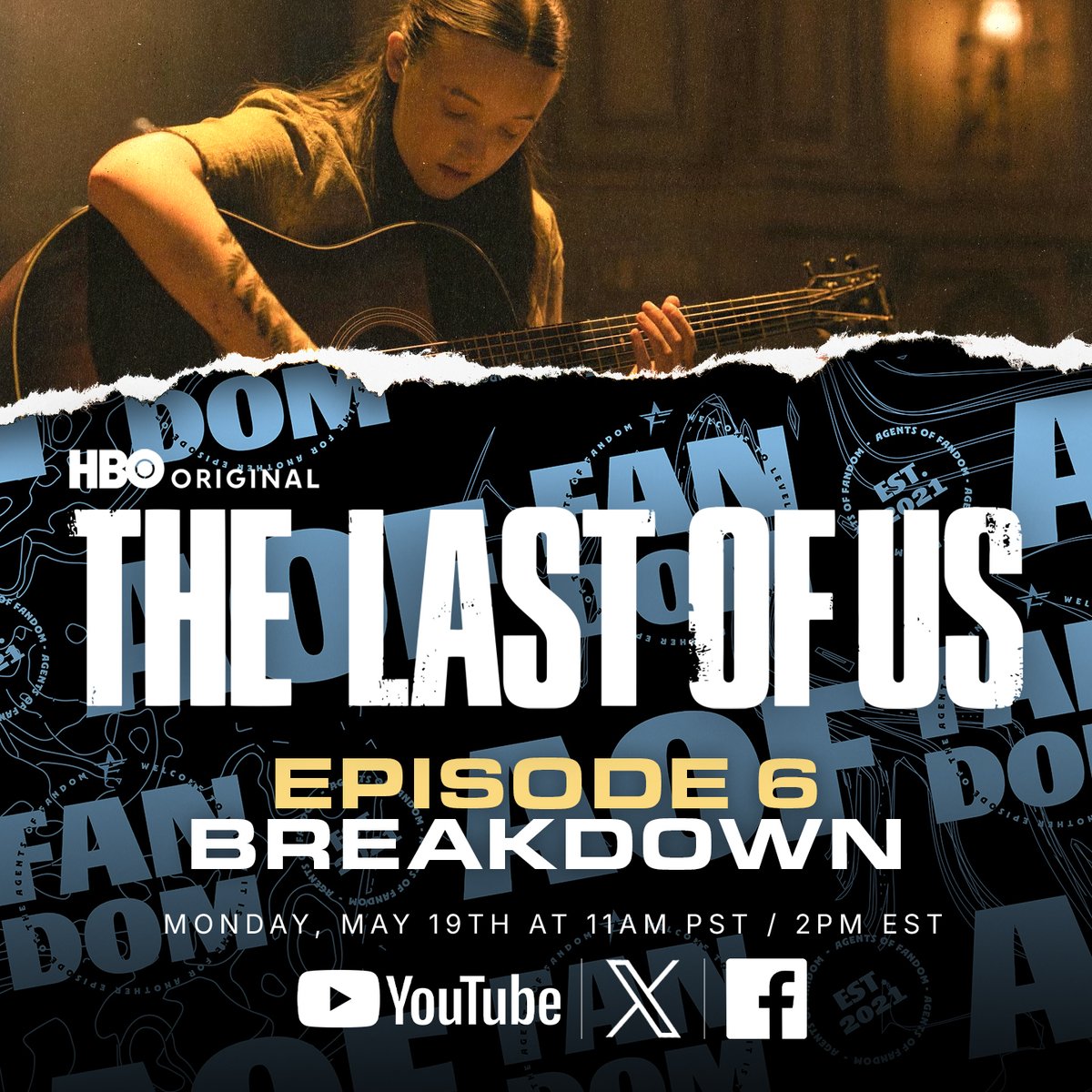 Agents of Fandom (@agentsfandom) on Twitter photo With only two episodes remaining, #TheLastOfUsSeason2 is coming to a close!
Join <a href="/TJ_Zwarych5/">TJ Zwarych - Agents Of Fandom</a>, <a href="/MetalcoreNerds/">Metalcore Nerds</a>, <a href="/falconsnat/">lailašæ</a>, and <a href="/Ariana_281816/">Ariana</a> LIVE on Monday, May 19th at 11am PT / 2pm ET for our #TheLastOfUs Season 2 Episode 6 breakdown.
youtube.com/live/aFn311XbUā¦
Come hang! With only two episodes remaining, #TheLastOfUsSeason2 is coming to a close!
Join <a href="/TJ_Zwarych5/">TJ Zwarych - Agents Of Fandom</a>, <a href="/MetalcoreNerds/">Metalcore Nerds</a>, <a href="/falconsnat/">lailašæ</a>, and <a href="/Ariana_281816/">Ariana</a> LIVE on Monday, May 19th at 11am PT / 2pm ET for our #TheLastOfUs Season 2 Episode 6 breakdown.
youtube.com/live/aFn311XbUā¦
Come hang!