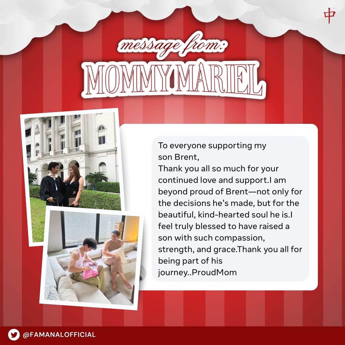 Gusto ko lang isampal to sa mga taong nag kalat ng false narratives na hindi close si brent and mom niya that’s why brent decided to give up his golden seat for someone else. Ibabalik ko lang sainyo katangahan niyo ah, sana napahiya kayo ng bongga after niyo makita to. 😚