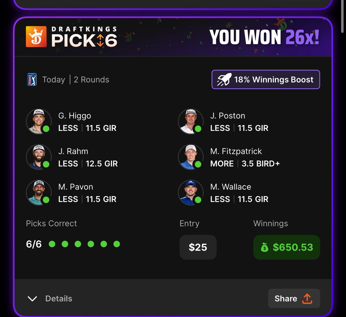 PicksProdigies's tweet image. INSANE DAY☢️☢️

Free premium to 3 people who like/RT this🤝

WE JUST SWEPT UNDERDOG AND DK PICK 6🧹✅

WE JUST HAD A +25u DAY💰

Matthieu Pavon u 11.5 GIR✅
Rory Mcllroy u 12.5 GIR✅
Viktor Hovland u 12.5 GIR✅
Wyndham Clark u 11.5 GIR✅
Keegan Bradley u 11.5 GIR✅
Byeong Hun An…