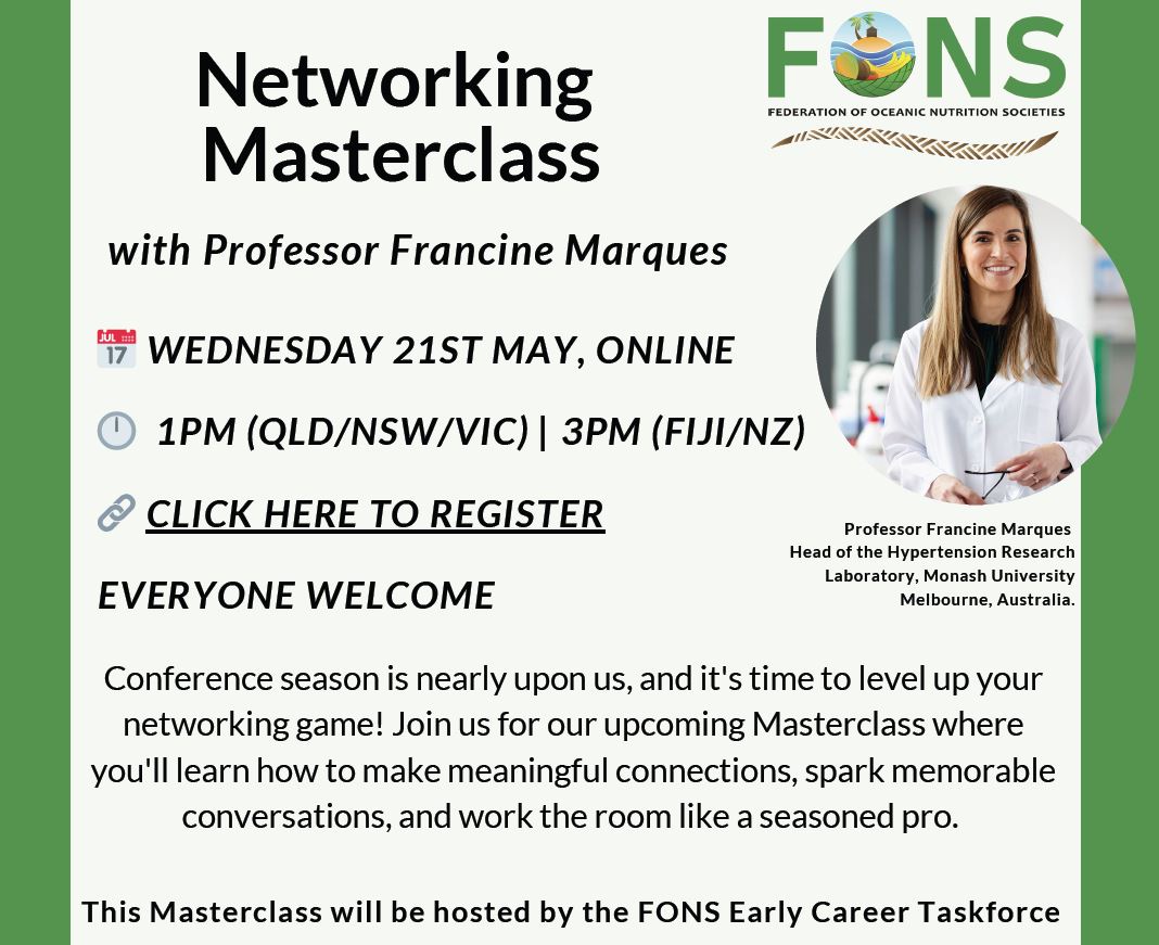Monash Nutrition (@monashnutrition) on Twitter photo The FONS Early Career Taskforce is excited to invite you to our online Networking Masterclass with <a href="/FZMarques/">Prof Francine Marques</a>
📆THIS WEDNESDAY at 1 pm (AEST)!
All welcome but registration required: tinyurl.com/networkingmast…
We look forward to seeing you there! Please share with your networks! The FONS Early Career Taskforce is excited to invite you to our online Networking Masterclass with <a href="/FZMarques/">Prof Francine Marques</a>
📆THIS WEDNESDAY at 1 pm (AEST)!
All welcome but registration required: tinyurl.com/networkingmast…
We look forward to seeing you there! Please share with your networks!