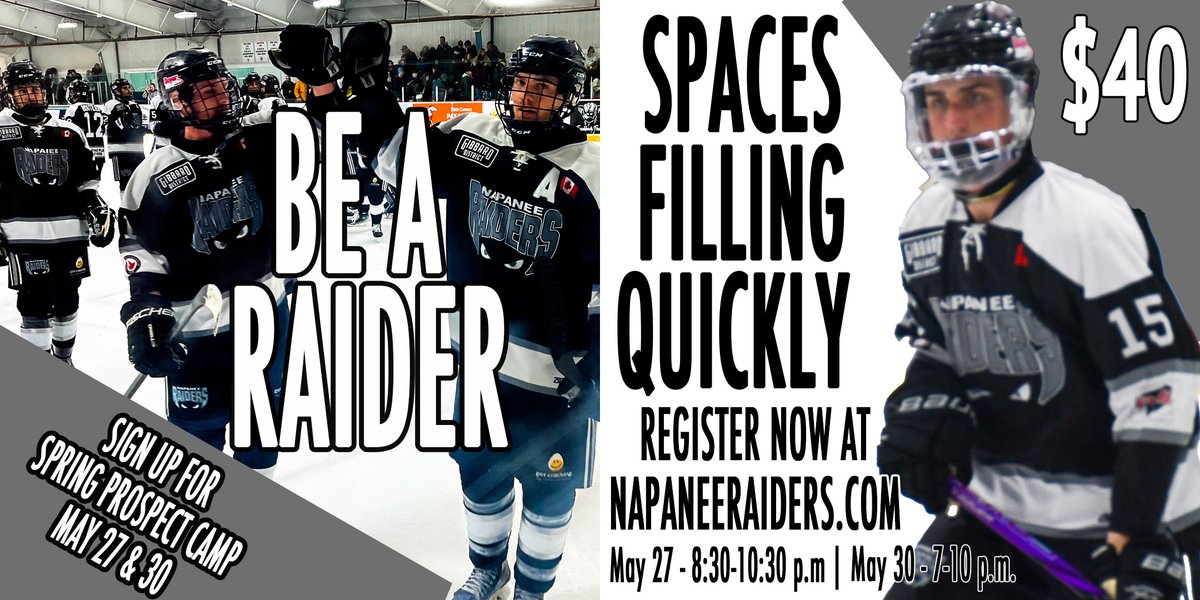 OPPORTUNITY KNOCKS! We're just over a week away from our annual Spring Prospect Camp, May 27 &amp; 30.  
Players born between 2005-2009 who have character, heart, skill and drive are invited to register at napaneeraiders.com/recruitment by May 24 to work toward a roster spot or AP role.
