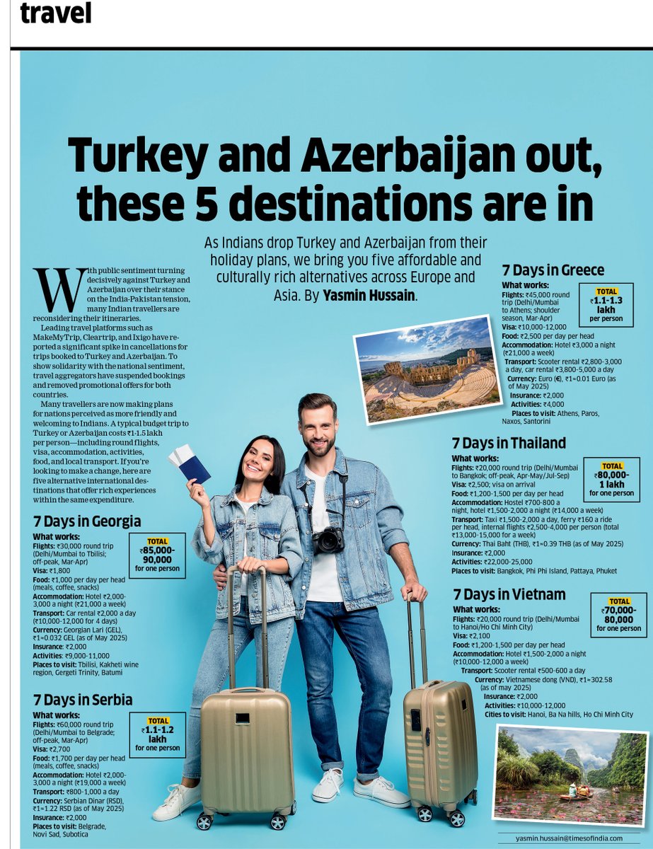 kayezad's tweet photo. With Turkey and Azerbaijan falling out of favour due to geopolitical tensions, Indian travellers are turning to friendlier, equally affordable destinations.
@ET_Wealth @EconomicTimes lists 5 cultural gems that won't break the bank.
✈️🌏 #TravelTrends #ETWealth
@TheYasminH writes