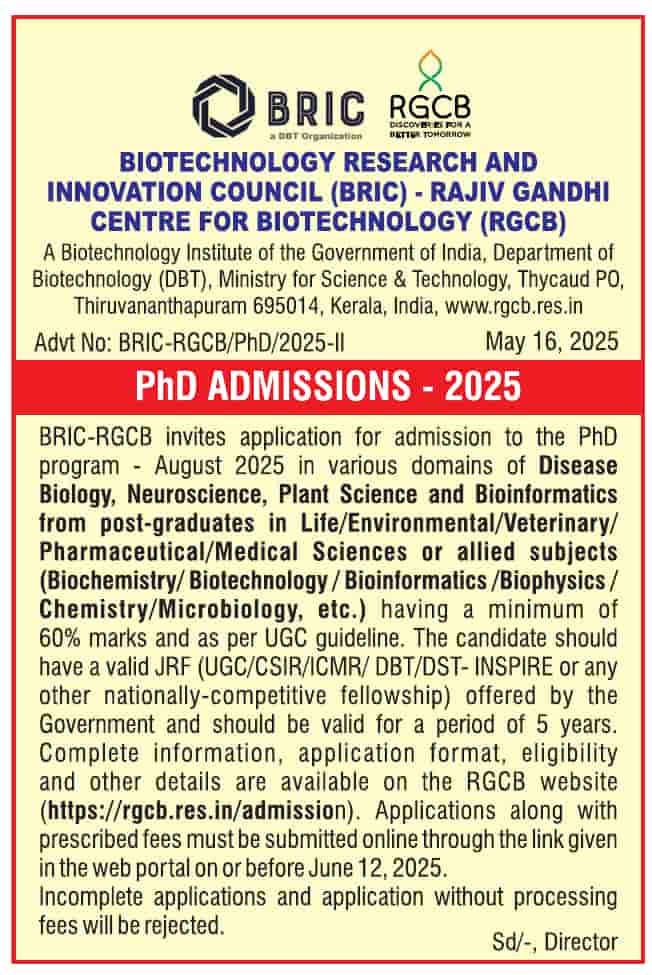 Public Libraries Kashmir (@jklibraries) on Twitter photo Biotechnology Research & Innovation Council (BRIC) - Rajiv Gandhi Centre for Biotechnology (RGCB) <a href="/RGCB_Trivandrum/">DBT-RGCB</a> invites applications for admission to PhD program <a href="/jkscientists/">JK Scientists</a> <a href="/KCF_Tweets/">Kashmir Care Foundation</a> Biotechnology Research & Innovation Council (BRIC) - Rajiv Gandhi Centre for Biotechnology (RGCB) <a href="/RGCB_Trivandrum/">DBT-RGCB</a> invites applications for admission to PhD program <a href="/jkscientists/">JK Scientists</a> <a href="/KCF_Tweets/">Kashmir Care Foundation</a>