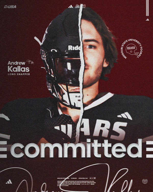 Andrew Kallas (@andrewkfilm) on Twitter photo I am excited to announce that I will be continuing my academic and athletic career at Missouri State University. Go Bears!
<a href="/NolanOwenLS/">Nolan's Long Snapping</a> <a href="/_CoachDowning/">Michael Downing</a> <a href="/Dupage_Football/">College of DuPage Football</a> <a href="/FentressKicking/">Fentress Kicking</a> I am excited to announce that I will be continuing my academic and athletic career at Missouri State University. Go Bears!
<a href="/NolanOwenLS/">Nolan's Long Snapping</a> <a href="/_CoachDowning/">Michael Downing</a> <a href="/Dupage_Football/">College of DuPage Football</a> <a href="/FentressKicking/">Fentress Kicking</a>
