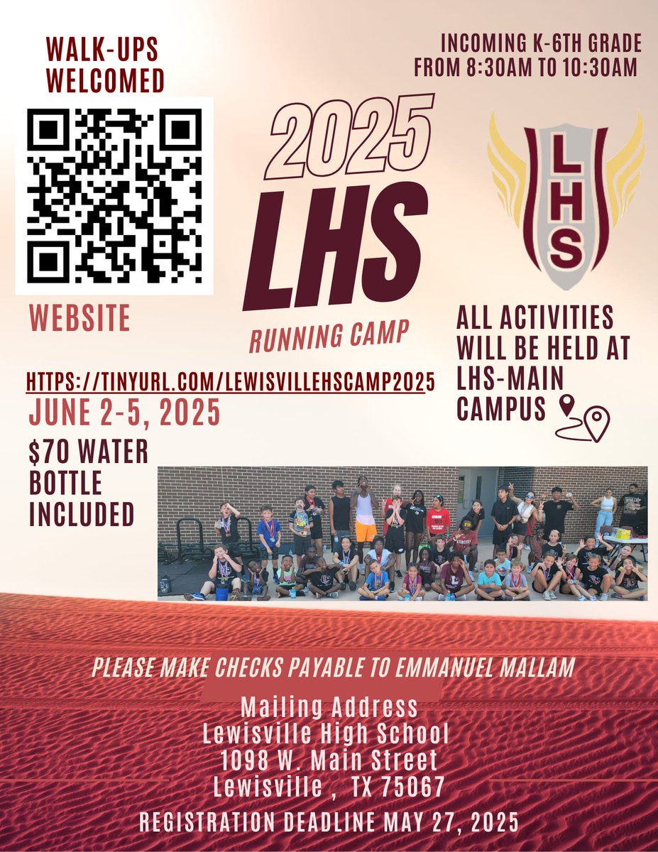 Come out and learn how to work on your running technique with our Lewisville HS Farmers XC/Track athletes. 

📍June 2-5 at LHS Main campus. 
⏲️ From 8:30-10:30