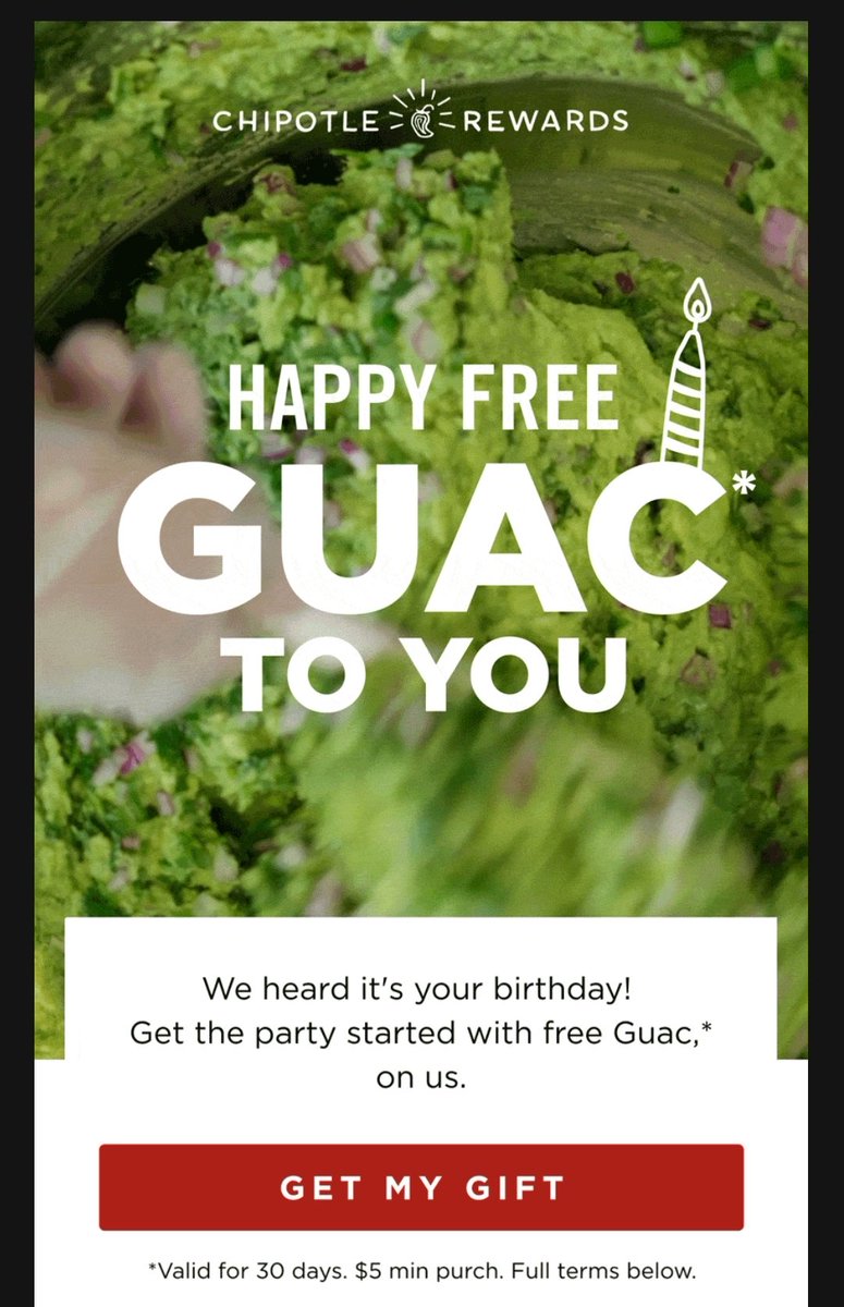 Reason number 247 why <a href="/FREEBIRDS_WB/">Freebirds World Burrito</a> is better than <a href="/ChipotleTweets/">Chipotle</a>. I got a free burrito from Freebirds. Chipotle is giving me a condiment for my birthday (and you still have to pay at least $5).

If you have to give guac as a birthday gift, maybe you're charging too much for it