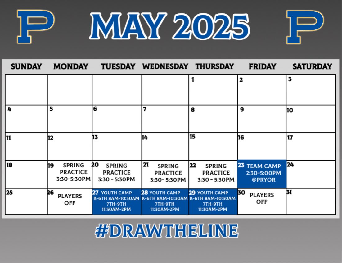 Spring ball is here! Practice all week from 3:30-5:30pm and team camp Friday at home from 2:30-5:00pm. #DRAWTHELINE 🅿️🐅🏈