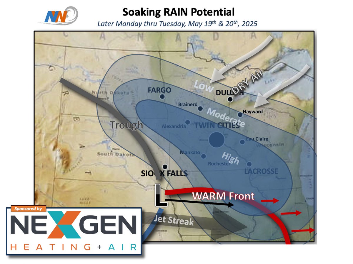 Soaking RAINS are on the way for much of MN &amp; western WI. Widespread 1.00" to 2.00"+ amounts are anticipated mostly from later tomorrow thru Tuesday. This will be a cold, steady rain with little in the way of T'Storm activity. Here is the set-up.