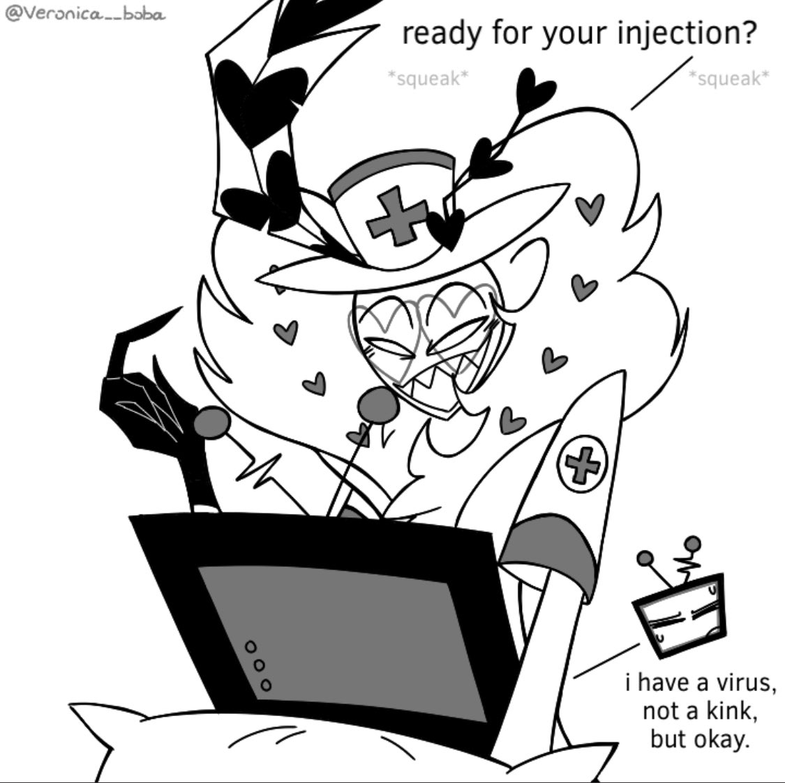 veronica__boba's tweet image. vox is sick so val plays nurse
im sick so thats why i made this
#voxhazbinhotel #valentinohazbinhotel #staticmoth