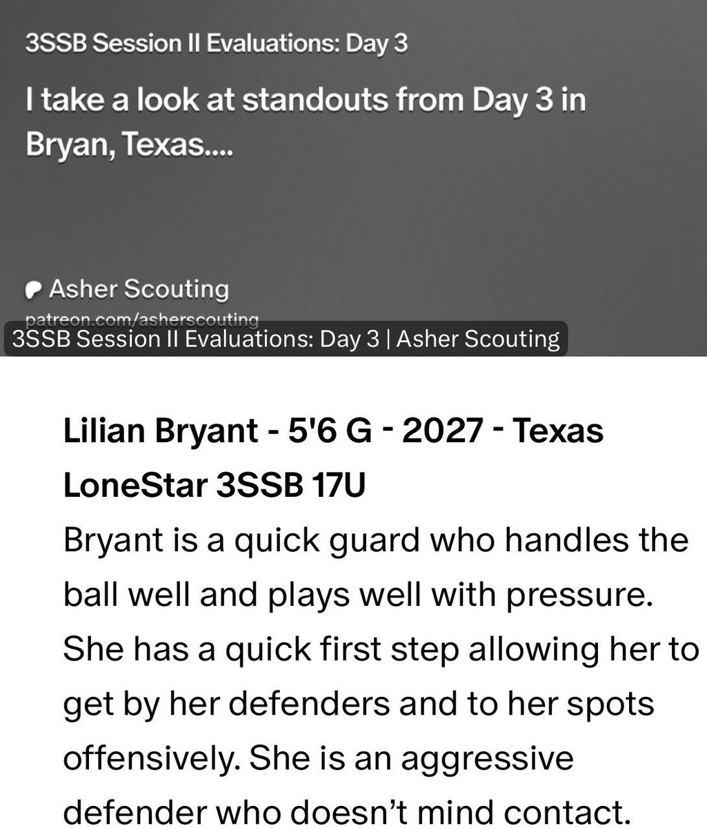 Lilian Bryant (@liliansbryant) on Twitter photo Thanks <a href="/AsherScouting/">Asher Scouting</a> for the Eval from this weekend <a href="/3SSBGCircuit/">3Stripes Select Basketball Girls Circuit</a> <a href="/TLSBasketball/">Texas LoneStar</a> Thanks <a href="/AsherScouting/">Asher Scouting</a> for the Eval from this weekend <a href="/3SSBGCircuit/">3Stripes Select Basketball Girls Circuit</a> <a href="/TLSBasketball/">Texas LoneStar</a>