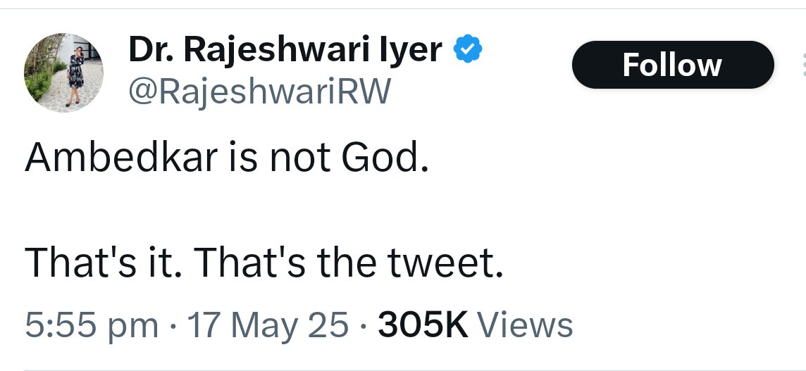 आप बिलकुल सही कह रही हो डॉक्टर राजेश्वरी अय्यर। बाबा साहब भगवान नही है। क्योंकि;

"बाबा साहब ने देश के 30 करोड़ जनसँख्या वालीअनुसुचित जाति को एकाएक गुलामी, मानसिक गुलामी से बाहर निकालकर उन्हें उनके मानव अधिकार दिलवा दिए जबकिं भगवान ऐसा नही कर सके"

इन 30 करोड़ के लिए कौन ज्यादा