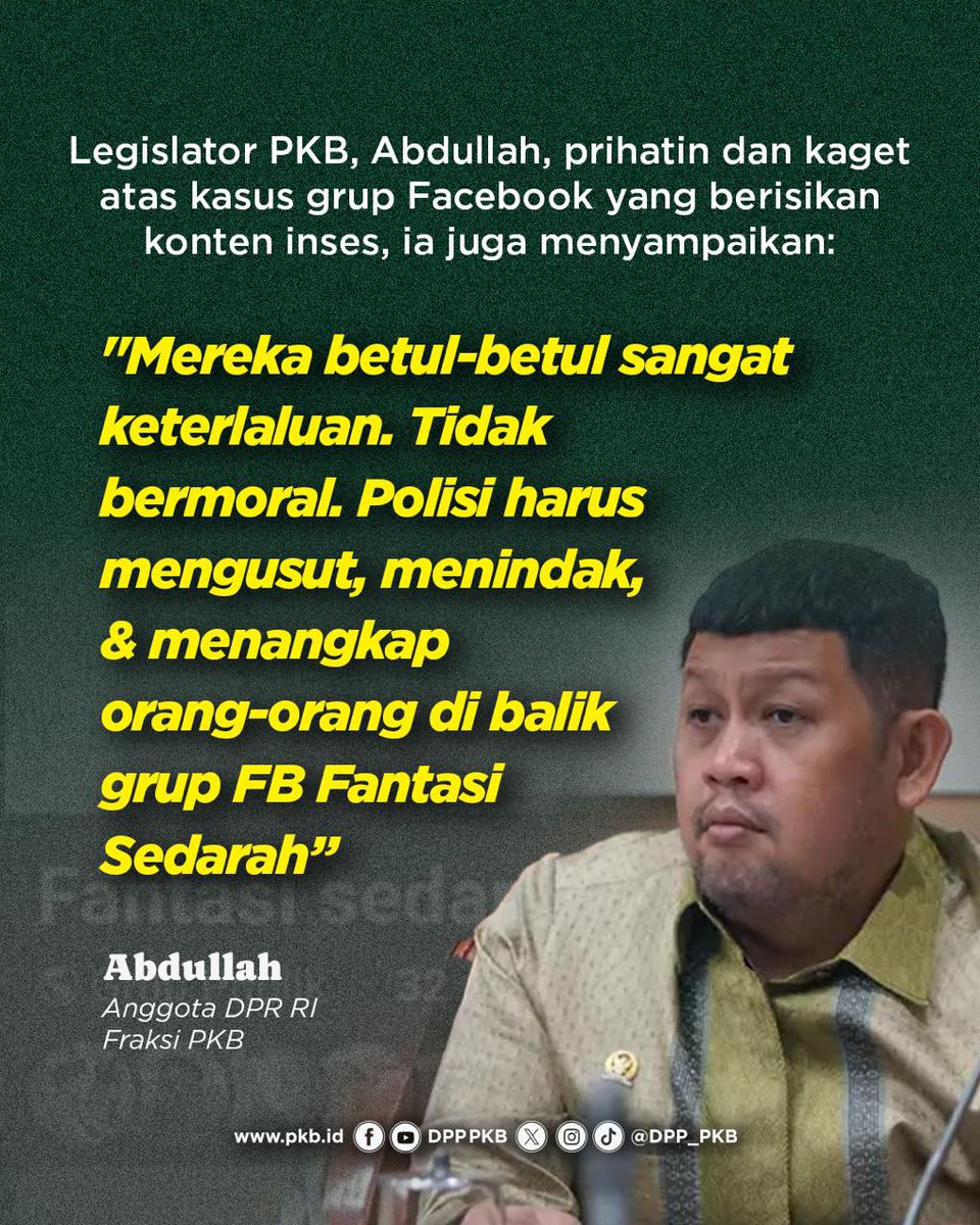 DPP_PKB's tweet photo. PKB desak polisi segera usut tuntas kasus grup Facebook inses yang meresahkan masyarakat. Tidak ada tempat bagi konten tidak bermoral di negeri ini @Gus_abdullah1 

#StopInses 
#SelamatkanMoral https://t.co/TcjqxWNDse