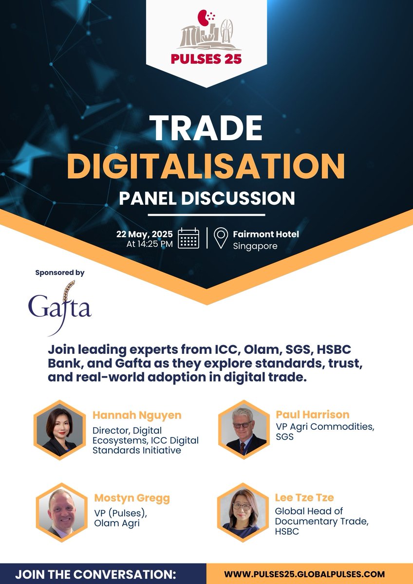 Gafta's Trade Digitalisation Panel is just a few days away
Join our panel of industry experts as we discuss the  what it means for the future of buying in the pulses sector featuring speakers from Olam, ICC Digital Standards Initiative, SGS, and HSBC Bank
meetinghand.com/e/singapore-20…