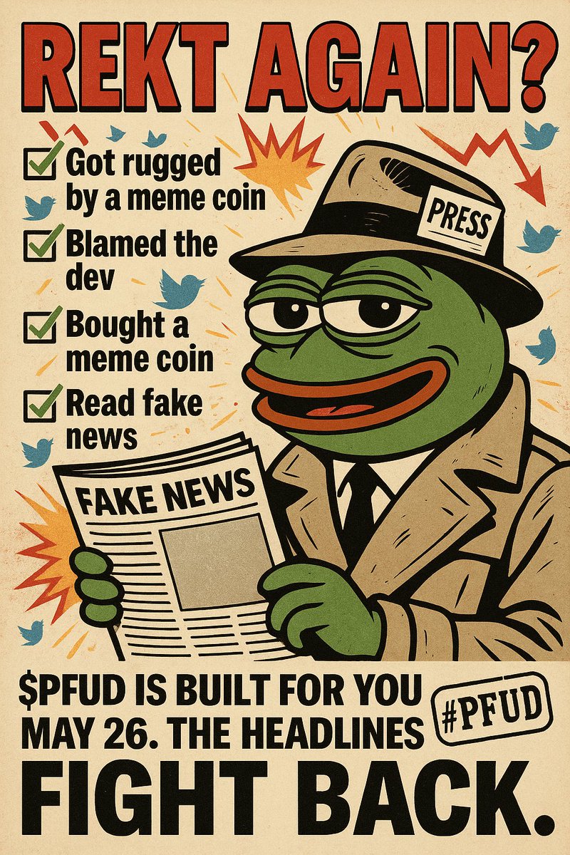PressleyFUDCoin's tweet photo. Retweet if you’ve ever:

✅ Bought a meme coin
✅ Got rugged
✅ Blamed the dev
✅ Read fake news

$PFUD is built for you
May 26. The headlines fight back.
#PFUD #PUMP.FUN https://t.co/nKHCpeZnph