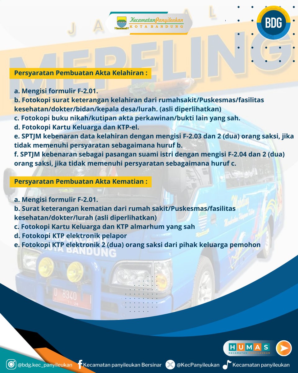 Ayo wargi panyikeukan kita hadiri, dan manfaatkan layanan pembuatan akta kelahiran dan kematian di halaman kantor Kecamatan Panyileukan.

Dari tanggal 19/22, Mei 2025.
Pukul 09.00 WIB s/d 13.00 WIB.
<a href="/humasbandung_/">Humas Kota Bandung</a> 
<a href="/halo_bandung/">Prokopim Kota Bandung</a> 
<a href="/bdg_dukcapil/">Disdukcapil Kota Bandung</a>