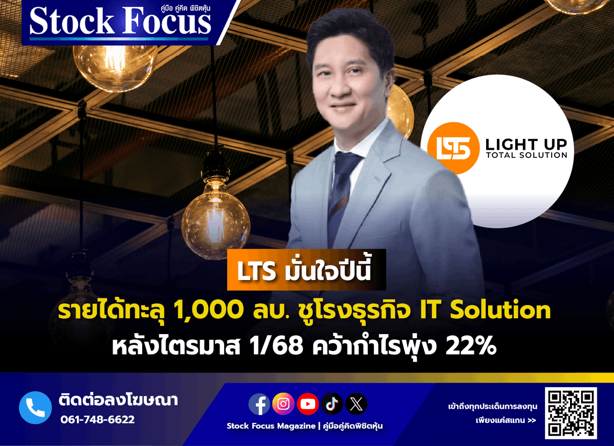 FocusStock's tweet image. LTS มั่นใจปีนี้รายได้ทะลุ 1,000 ล้านบาท ชูโรงธุรกิจ IT Solution โดดเด่นหลังผลงานไตรมาส 1/68 คว้ากำไรพุ่ง 22% จากช่วงเดียวกันปีก่อน

อ่านเพิ่มเติม: stockfocusnews.com/8rd2

#StockFocus #LTS #ITSolution #ไลท์อัพโทเทิลโซลูชั่น #ข่าวหุ้น #ลงทุน