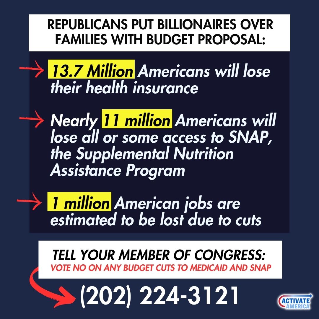 The GOP is poised to harm American families to pay for tax cuts for gazillionaires. It only takes a handful of Republicans to vote “no” to stop the budget in its present form! Please call your rep at 202-224-3121 &amp; tell them to vote NO on any budget that cuts Medicaid &amp; SNAP.