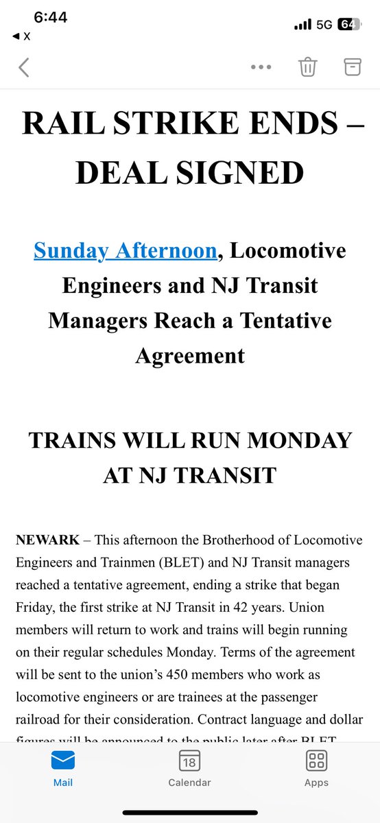 BREAKING: Per the BLET - the #NJTransit Rail Strike is over. Trains to run Monday.