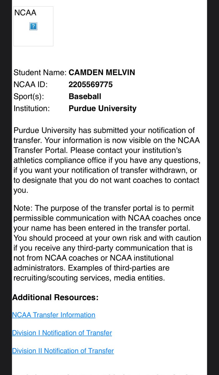 Cam (@camdenmelvin9) on Twitter photo I want to thank Purdue and Coach Goff for giving me the opportunity to compete @ the Power 5 level for the past three years. With that being said, I will be entering the transfer portal as a graduate student for my last year of eligibility.
317-361-8129
camdenmelvin@icloud.com I want to thank Purdue and Coach Goff for giving me the opportunity to compete @ the Power 5 level for the past three years. With that being said, I will be entering the transfer portal as a graduate student for my last year of eligibility.
317-361-8129
camdenmelvin@icloud.com