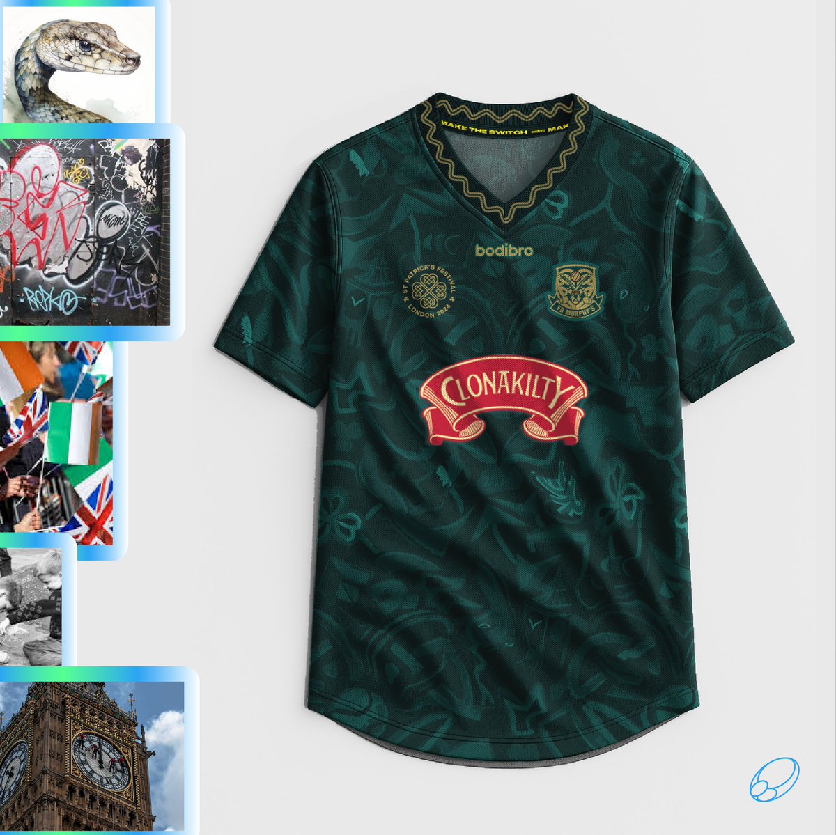 moomdesigns's tweet photo. Late, but these are two shirts I designed for London-based gaelic football club @frmurphys  during my time at Bodibro 🌐 It was a pleasure outfitting the club every year for London's St Patrick's Day Parade. These are from 2024 and 25. 

#kitdesign #design #GraphicDesign https://t.co/qKQiCOLYyz