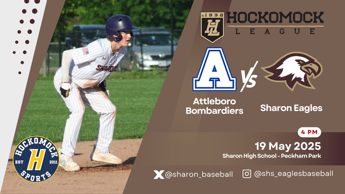 Sharon Baseball (@sharon_baseball) on Twitter photo The Eagles 🦅 will host the Attleboro Bombardiers on Monday!
🔥 Game 1️⃣9️⃣
🆚: <a href="/AHSBaseball2025/">Attleboro Baseball</a>
📆: Monday, May 19
⌚: 4 PM
📍: Sharon High School
🏟️ : Peckham Park
🌡️: 62°, ☁️
#W.I.N.
#200ft
#Eaglepride🦅⚾
<a href="/HockomockSports/">HockomockSports</a> The Eagles 🦅 will host the Attleboro Bombardiers on Monday!
🔥 Game 1️⃣9️⃣
🆚: <a href="/AHSBaseball2025/">Attleboro Baseball</a>
📆: Monday, May 19
⌚: 4 PM
📍: Sharon High School
🏟️ : Peckham Park
🌡️: 62°, ☁️
#W.I.N.
#200ft
#Eaglepride🦅⚾
<a href="/HockomockSports/">HockomockSports</a>