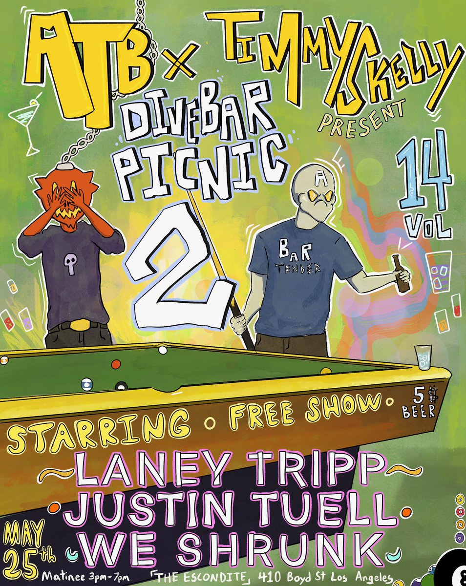 AboveTheBridgee's tweet photo. Oh Los Angeles, it’s time for another magical Sunday. 

We’re back with our second Dive Bar Picnic, our free, matinee, outdoor, residency at the best dive bar in town. FOR FREE. 

@JustinTuell8 @LaneyTripp WeShrunkk https://t.co/J7nz4byqNJ