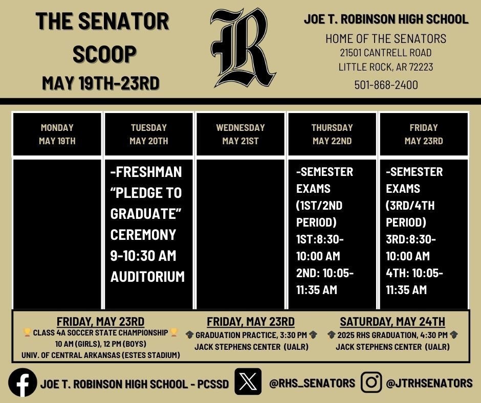 RHS_Senators's tweet image. Here's the Senator Scoop for May 19th-23rd. It's Graduation and State Championship Week 🏆🎓
#SenatorPride