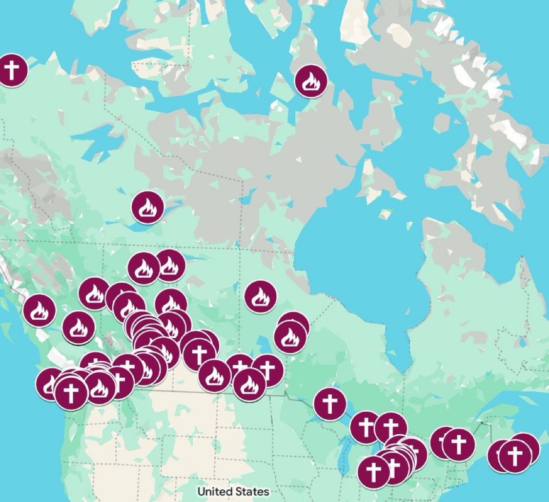 ryangerritsen's tweet photo. These are the churches in Canada that have either been burned to the ground or vandalized over the last 5 to 6 years. 
Not one Politician who went with Carney to see the Pope’s inaugural Mass has ever mentioned or showed concern about them. https://t.co/YwQ7obypS5