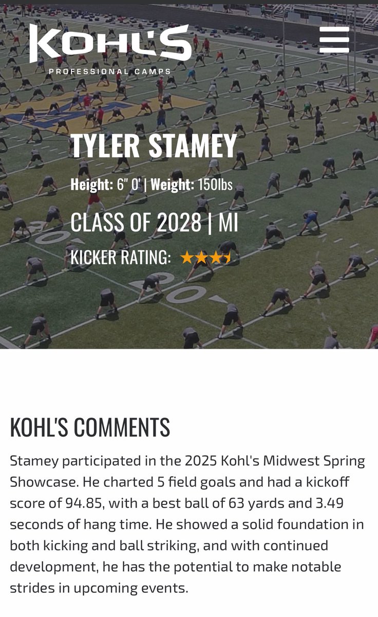 Absolutely blessed and honored to be ranked nationally as a ⭐️3.5 kicker by <a href="/KohlsKicking/">Kohl's Kicking Camps</a> Thank you God for the opportunities ✝️

<a href="/Coach_Radke/">Luke Radke</a> <a href="/KohlsKicking/">Kohl's Kicking Camps</a> <a href="/KohlsHighlights/">Kicking, Punting, Long Snapping Highlights</a> <a href="/D_Madden_Punter/">Coach Dan Madden</a> <a href="/coachm16/">Coach Mifsud</a> <a href="/PrepRedzoneMI/">Prep Redzone Michigan</a> <a href="/statechampsmich/">STATE CHAMPS! Michigan</a> <a href="/MIexposure/">Michigan Exposure</a> <a href="/WoodhavenHigh/">Woodhaven High</a>