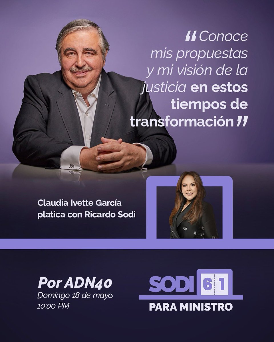 MagdoSodi's tweet photo. 🟣 Acompáñame esta noche en @adn40 a las 22:00 hrs. estaré hablando sobre mi visión rumbo a la Corte, en una entrevista con @CLAUDIAIVETT. 

#Sodi61 #MinistroSCJN #BoletaMorada #Vota1deJunio https://t.co/UpZN3zfJwQ
