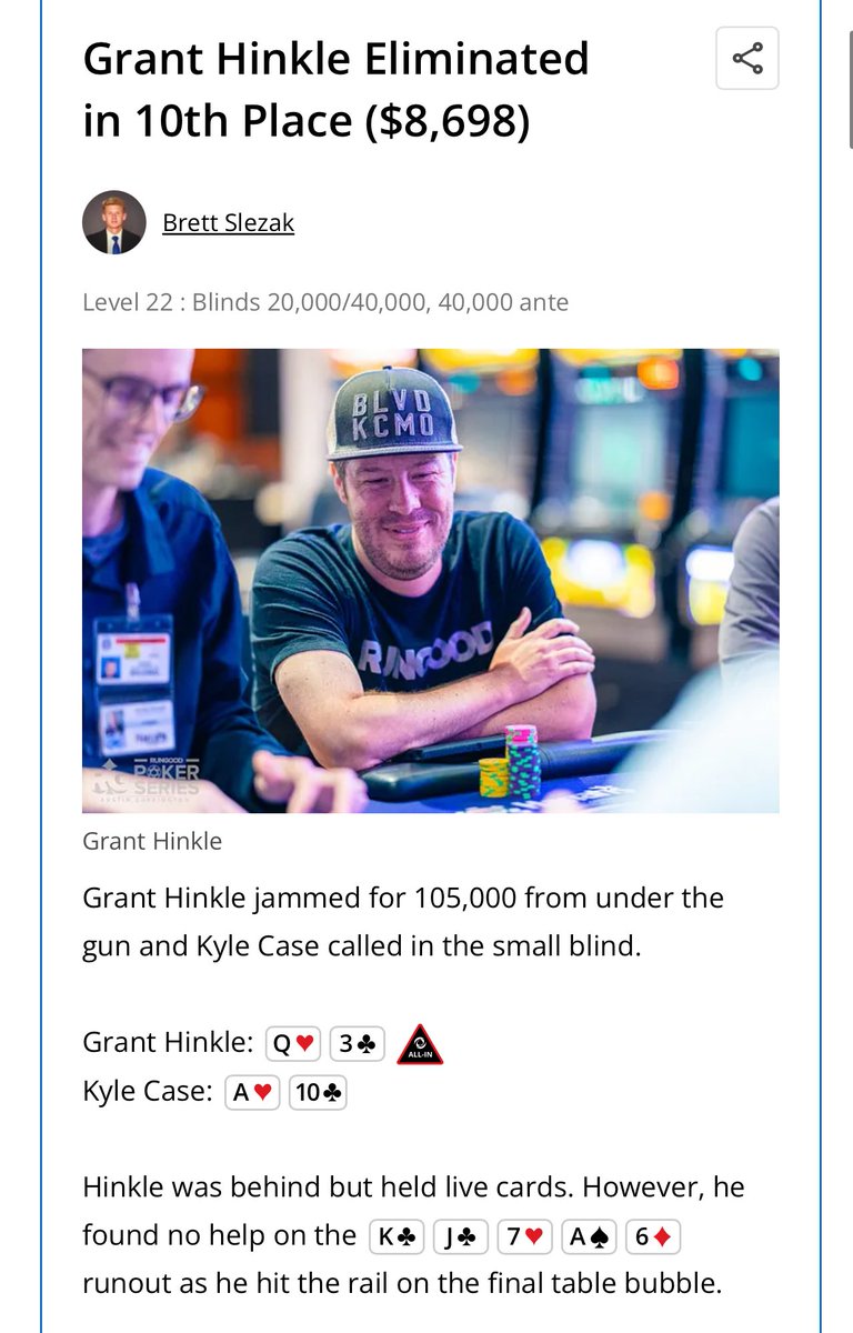 PokerNews's tweet photo. Blair Hinkle Goes For It 🤯 

Kings Runs Into Aces 😳

Grant Hinkle Final Table Bubble Boy 💔 

We’re down to 9 players in Kansas City for the @RGPokerSeries Main Event, in the Spring Season Finale🚀

Some action along the way ⬇️ https://t.co/E4sm8huxf2