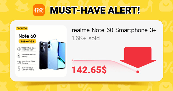 realme Note 60 Smartphone 3+64GB, 6.74 inches 90Hz Screen, 32MP Rear Camera, 7.8mm Ultra-Thin Body, 5000mAh Large Battery, 8-Core phone, Global Version, WIthout Charger
🎉 Coupon price[142.65$]
👉 item link: temu.to/k/ely7wf6al6s
⚠️ , please refer to the page display.