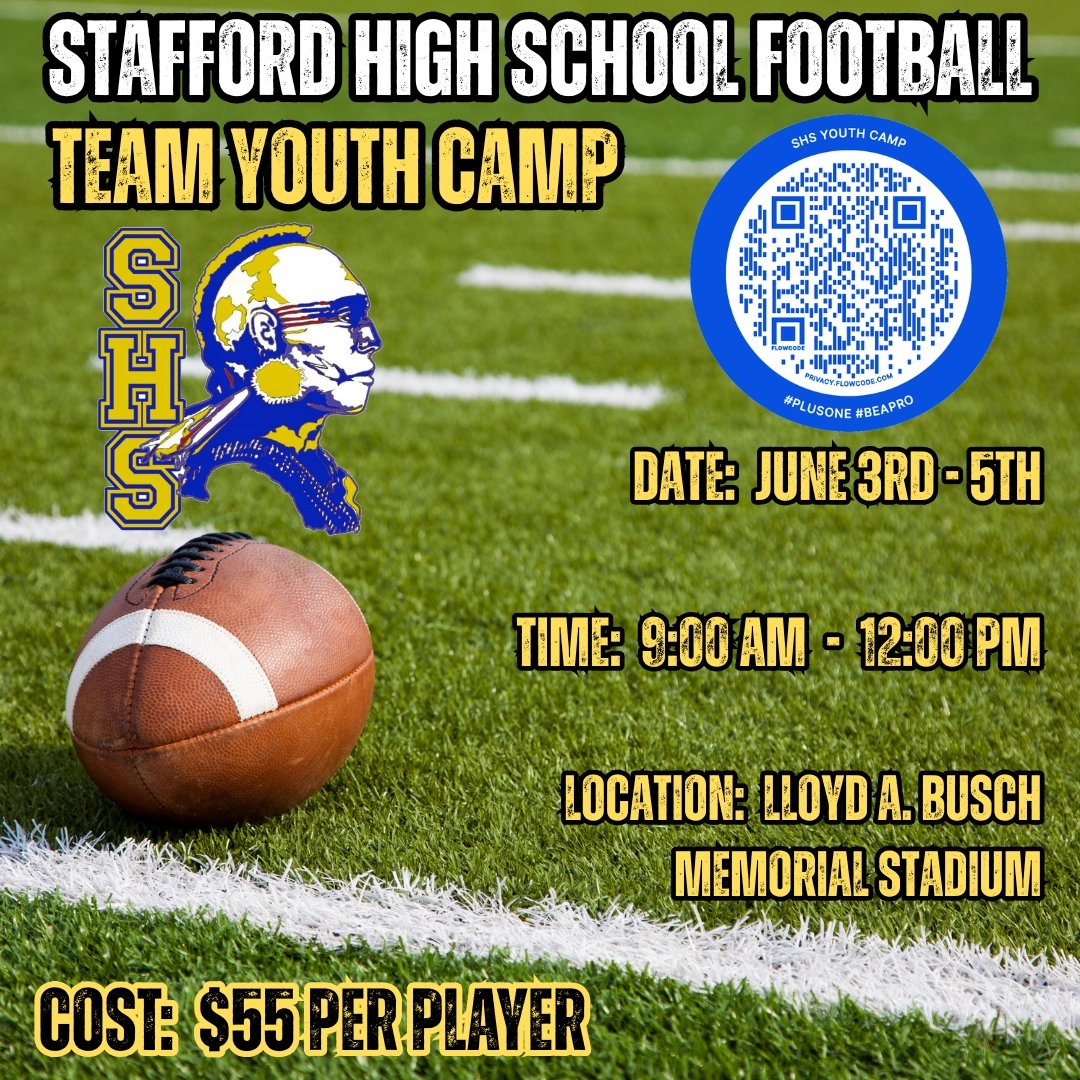 Stafford Indians Football (@shsindiansfb) on Twitter photo We are 16 days away from our 2025 TEAM YOUTH FOOTBALL CAMP!
Registration: forms.gle/k3BFvcT62Knead…
Reach out to <a href="/CoachGerardJ/">Gerard Johnson</a> with any questions! We are 16 days away from our 2025 TEAM YOUTH FOOTBALL CAMP!
Registration: forms.gle/k3BFvcT62Knead…
Reach out to <a href="/CoachGerardJ/">Gerard Johnson</a> with any questions!