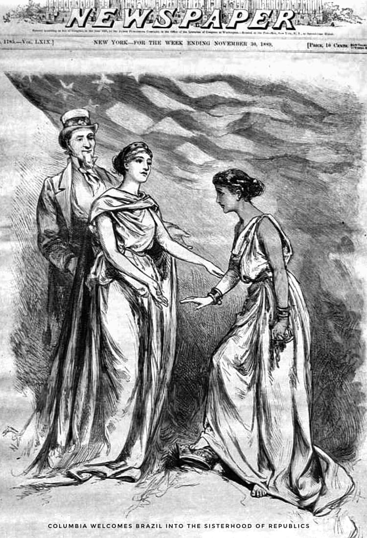 Charge da Imprensa Norte Americana Celebrando a Proclamação República Brasileira em 1889. 

Retratando Columbia, personificação do Estados Unidos, embranquecendo uma mulher mestiça representando a Nação Brasileira. 

Via: Brazil Imperial