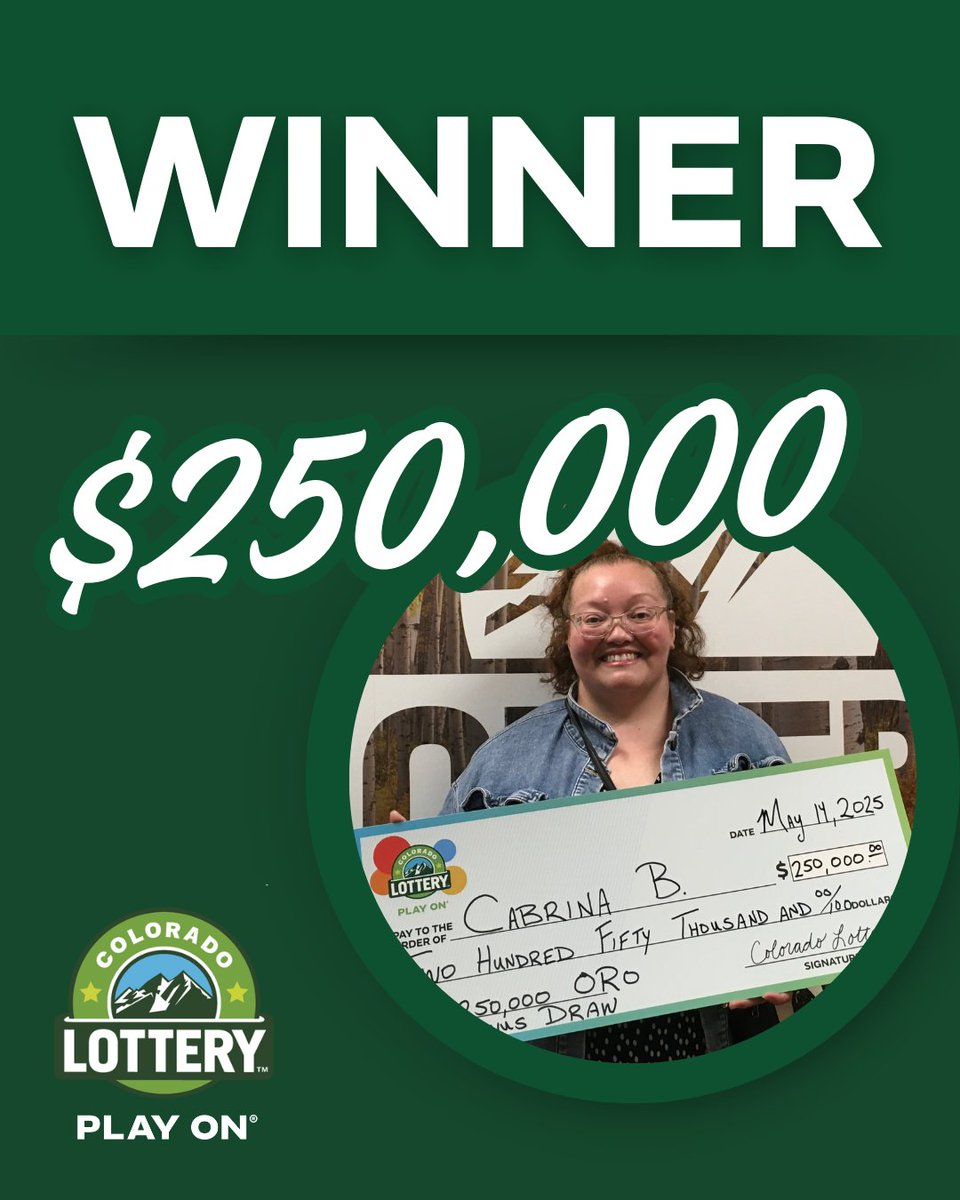 ColoLottery's tweet photo. Congrats to Cabrina B. from Wheat Ridge โ our $250,000 Oro Bonus Draw winner! We hope you enjoy your winnings! ๐ #ColoradoLottery #BonusDraw #Winner #Colorado https://t.co/wP2lmWlx7h