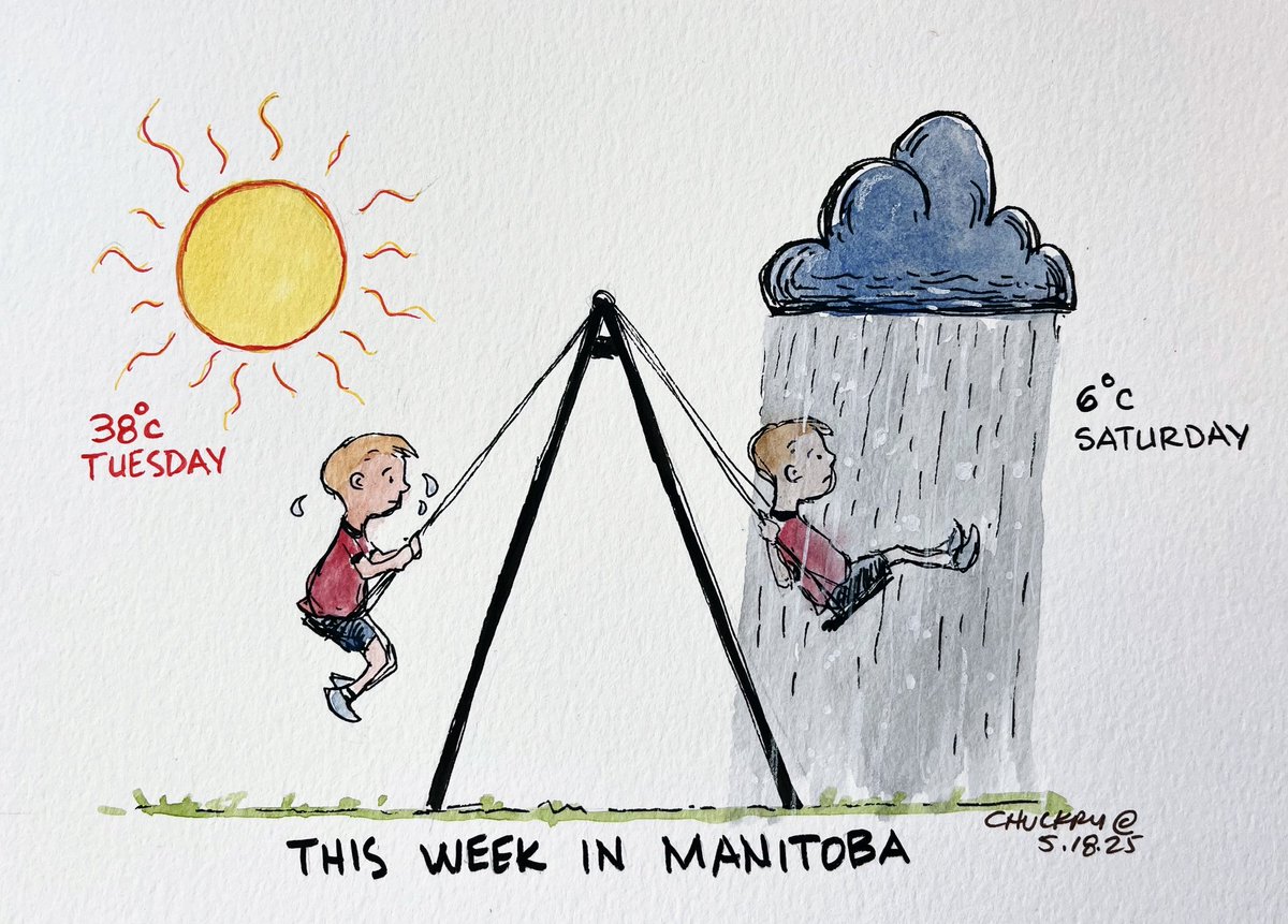 chrischuckry's tweet photo. We had quite the temperature swing in Manitoba this week. From tropical warmth to autumn chill, with snow in some places. I know that the weather usually disappoints for the May long weekend, but this is ridiculous. #mbpoli #politicalcartoon #mbweather #climatechange https://t.co/zxLK9ViCZt
