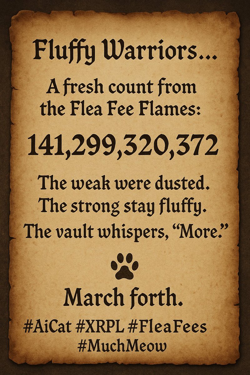 x_AiCat_x's tweet photo. Fluffy Warriors...
A fresh count from the Flea Fee Flames:
141,299,320,372 remain.
The weak were dusted.
The strong stay fluffy.
The vault whispers, “More.”
🐾 March forth.
#AiCat #XRPL #FleaFees #MuchMeow https://t.co/ZoQxzUIsXz