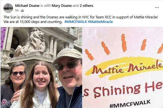Thank you Mary, Mike, and Emily for walking in New York City for the Mattie Miracles! So honored that your family has never missed a Walk over these 16 years! #mmcfwalk