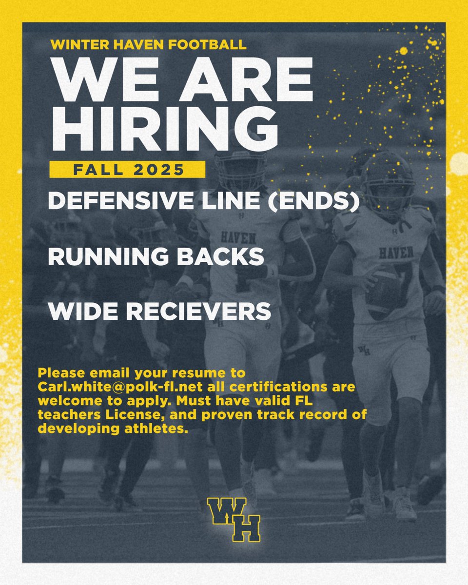 X do your thing. Looking for 3 committed individuals to join our staff. Had some guys take an HC job and a College job and left us short handed in the Spring. Teaching positions and supplements are available. Must have varsity coaching experience to apply. Thank you in advance!