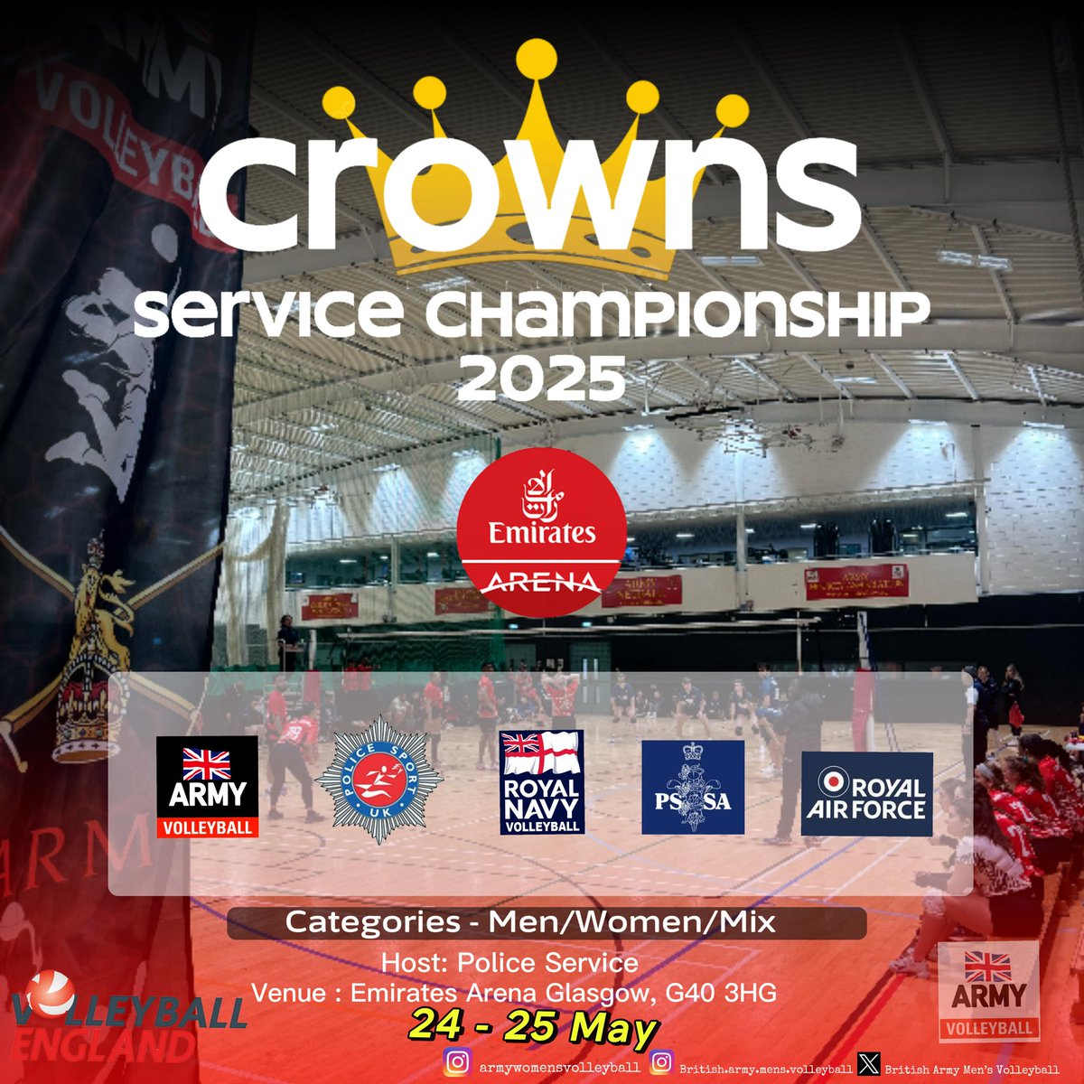 British Army Men's Volleyball (@britisharmymen1) on Twitter photo It's that time of year again. Come show your support as both the Army men and women's teams defend their Crowns at this year's championship. <a href="/ArmySportASCB/">Army Sport</a>
<a href="/VballEngland/">Volleyball England</a>
See you in Glasgow.
Details below 👇🏾 It's that time of year again. Come show your support as both the Army men and women's teams defend their Crowns at this year's championship. <a href="/ArmySportASCB/">Army Sport</a>
<a href="/VballEngland/">Volleyball England</a>
See you in Glasgow.
Details below 👇🏾